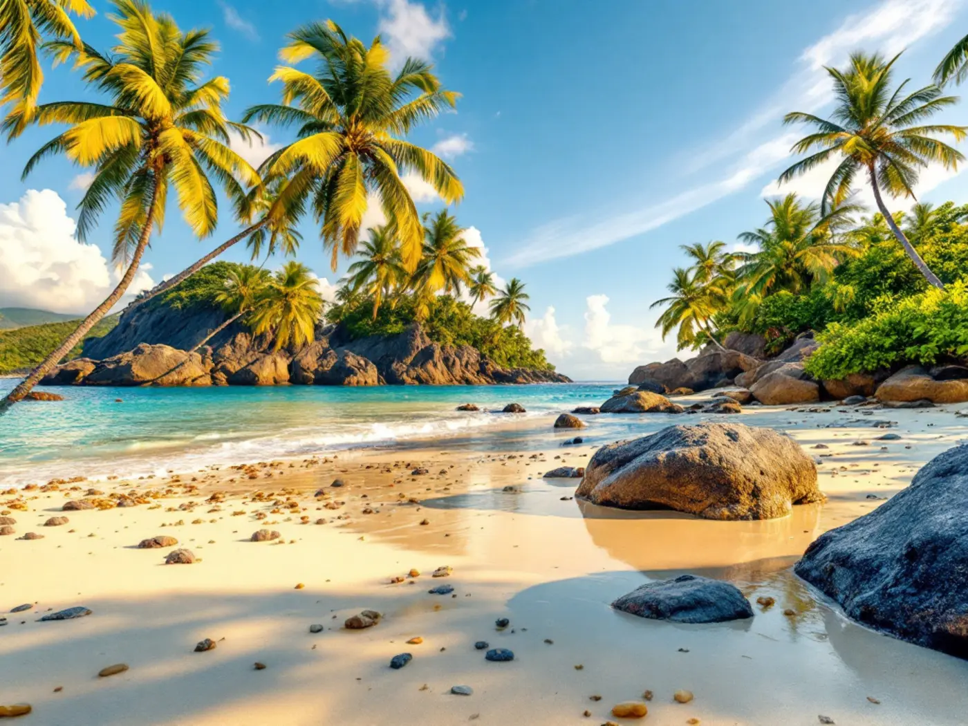 Guadeloupe beach: leaning coconut palms, pale sand, turquoise water turning deep blue, with volcanic hills on the horizon.